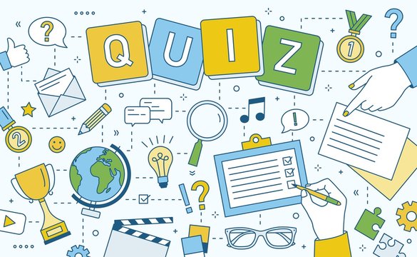 Banner with hands of people solving puzzle or riddle, playing intellectual game, taking part in quiz tournament, challenging their mind. Colorful vector illustration in modern line art style.