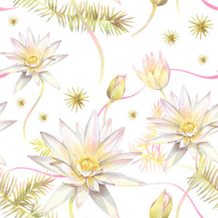 Fototapeta na wymiar Seamless pattern with flowers of lotos and algae. Hand painted watercolor illustration.