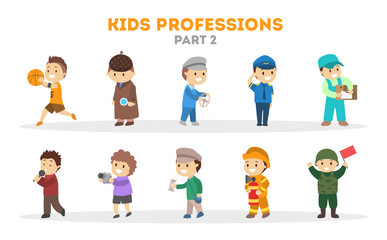 Children play as different worker set. Collection of kids