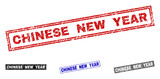 Grunge CHINESE NEW YEAR rectangle stamp seals isolated on a white background. Rectangular seals with grunge texture in red, blue, black and gray colors.