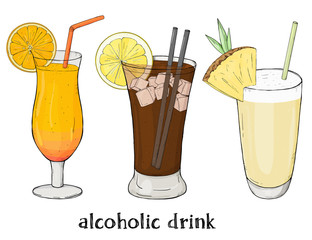 Set of three refreshing summer drinks. Orange, soda and milkshake. Colorful vector illustration in sketch style.