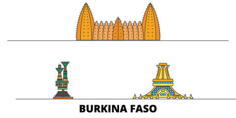 Burkina Faso flat landmarks vector illustration. Burkina Faso line city with famous travel sights, design skyline.  - obrazy, fototapety, plakaty