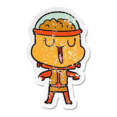 distressed sticker of a happy cartoon robot