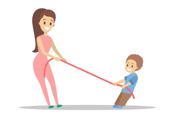 Mother and son pull the rope against