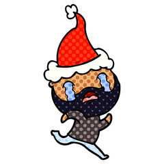 comic book style illustration of a bearded man crying wearing santa hat