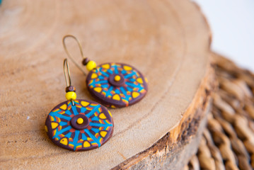 African pattern boho bright earrings. Handmade jewelry of polymer clay.