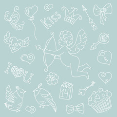 Cute angel with bow and arrows, doodles design elements Valentine's day. Heart, wings, crown, butterfly, bow, key, bird, gift, love, a flower, a kiss. The doodles set vector illustration.
