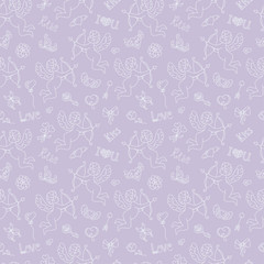  Cute cartoon angel with bow and arrow. Doodle design elements Valentine's Day. Heart, wings, crown, butterfly, bow, key, bird, gift, love, a flower, a kiss. Seamless pattern vector illustration.