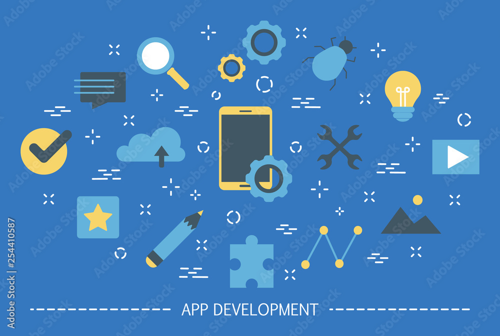 Wall mural app development web banner. support and development team