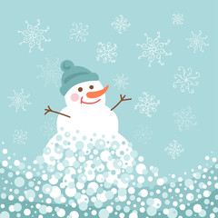 Snowman with snowflakes in flat design style. Vector illustration.