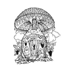 Mushroom house hand drawn illustration. Fairy composition outline drawing. Childrens ink pen sketch. Black and white fairytale doodle clipart. Isolated coloring book, linear design element