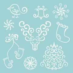 Vector set of ornate Christmas icons. Christmas tree, snowflake, bell, snowman, bird, deer. Set of Christmas design elements.