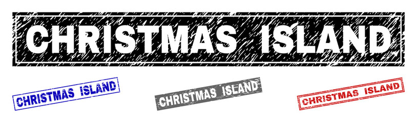 Grunge CHRISTMAS ISLAND rectangle stamp seals isolated on a white background. Rectangular seals with distress texture in red, blue, black and grey colors.