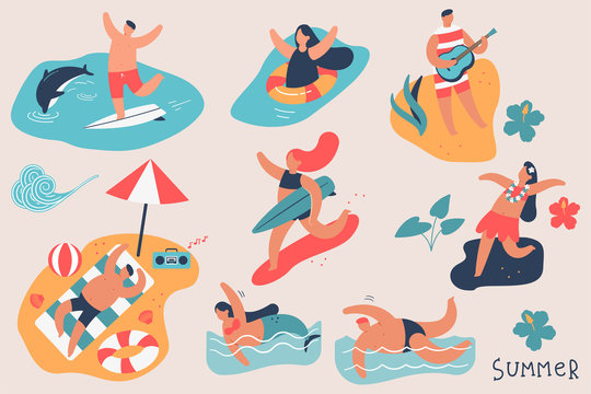 Summer people vector cartoon character set. Man and woman on the beach, swim in the ocean, surf, sunbathing isolated on background.