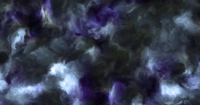 Loopable 4k video of stormy blue and purple clouds in a nebula in space, slowly moving, forming and dissolving, 4k, 4096p, 24fps