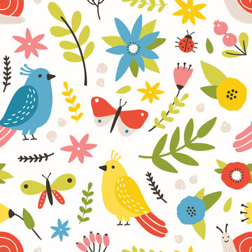 Floral seamless pattern with spring blooming perennial flowers on white background