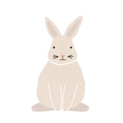 Cute lovely pretty white bunny, rabbit or hare isolated on white background. Funny adorable pet or wild forest animal, Easter symbol or mascot. Colorful vector illustration in flat cartoon style.