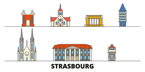 France, Strasbourg flat landmarks vector illustration. France, Strasbourg line city with famous travel sights, design skyline.  - obrazy, fototapety, plakaty