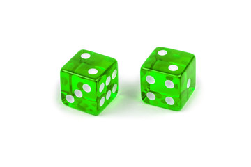 Two red glass dice isolated on white background. Two and two.