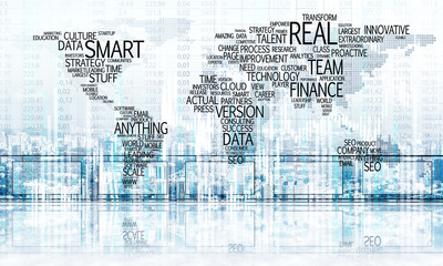 Concept of global communication and networking with world map over cityscape