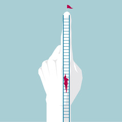 Businessman climbs on the finger. Isolated on blue background.