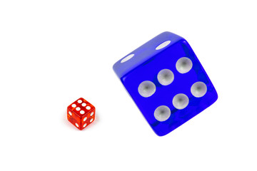 Two red and blue glass dices isolated on white. Six and flying in the air, view from above.