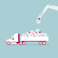 The truck loads the light bulb. Use a crane. Isolated on blue background.