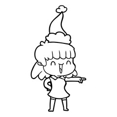 line drawing of a happy girl wearing santa hat