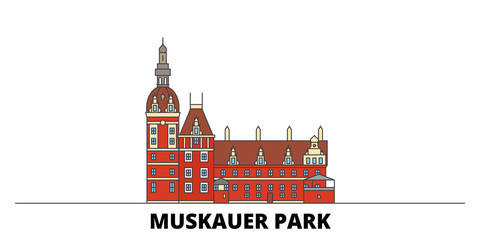 Fototapeta na wymiar Germany, Muskauer Parki flat landmarks vector illustration. Germany, Muskauer Parki line city with famous travel sights, design skyline. 