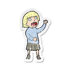 retro distressed sticker of a cartoon stressed out woman