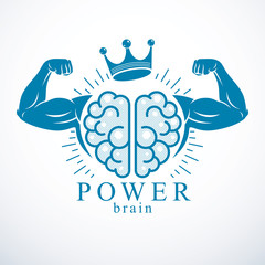 Brain with strong bicep hands of bodybuilder. Power Brain emblem, genius concept.  Brain training, grow IQ, mental health.