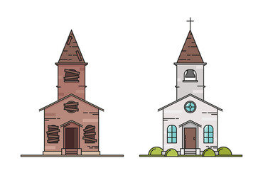 Church: Abandoned and Repaired. Flat Line Style. Vector Illustration