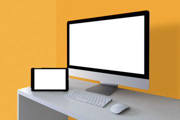 Workplace with computer and tablet. White screens, you can insert your content here.
