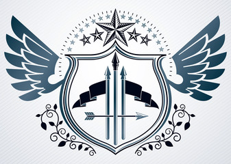 Vector retro insignia design decorated using vintage elements like pentagonal stars and wings