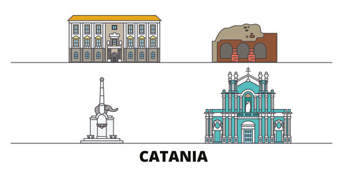 Italy, Catania flat landmarks vector illustration. Italy, Catania line city with famous travel sights, design skyline.  - obrazy, fototapety, plakaty