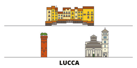Italy, Lucca flat landmarks vector illustration. Italy, Lucca line city with famous travel sights, design skyline.  - obrazy, fototapety, plakaty