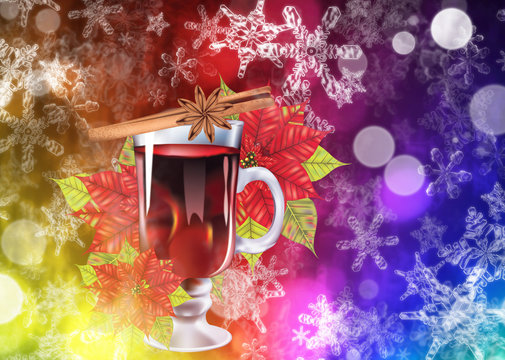 Mulled wine with poinsettia background