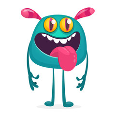 Cartoon happy and cute monster showing tongue. Vector illustration for stickers, logo or package design