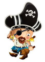cartoon scene with pirate man captain with sword on his back on white background - illustration for children