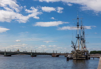 Fototapeta na wymiar Frigate Grace moored on Petrovskaya Embankment. St. Petersburg. Russia.