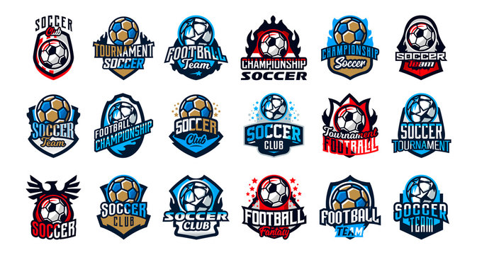 Set of football club logos, soccer ball. Soccer ball emblem, shield. Football school tournament, goal, competition, star, fire, flame, eagle, wing. Colorful Vector Illustration