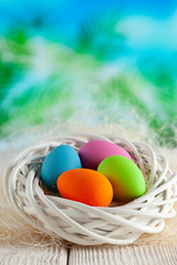 Four colored Easter eggs in white nest on wooden table and nature background