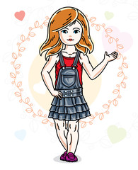 Beautiful little red-haired girl posing on colorful backdrop with romantic hearts. Vector kid illustration.