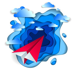 Origami paper plane toy flying in the sky with beautiful clouds, perfect vector illustration of scenic cloudscape with toy jet take off, airlines air travel theme.