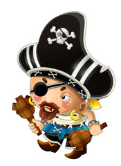 cartoon scene with pirate man captain with sword on his back on white background - illustration for children