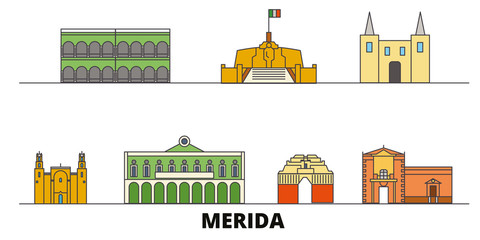 Mexico, Merida flat landmarks vector illustration. Mexico, Merida line city with famous travel sights, design skyline.  - obrazy, fototapety, plakaty