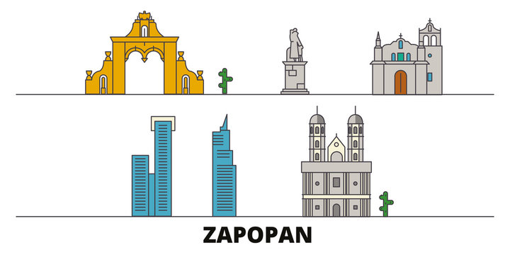 Mexico, Zapopan flat landmarks vector illustration. Mexico, Zapopan line city with famous travel sights, design skyline. 