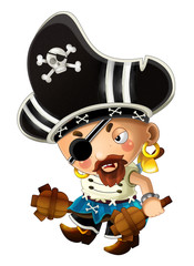 cartoon scene with pirate man captain with sword on his back on white background - illustration for children