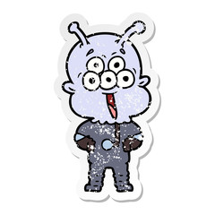 distressed sticker of a happy cartoon alien
