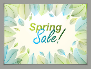 Naklejka premium Design horizontal banner with Spring typing logo, green and fresh leaves frame composition background. Seasonal card, promotion offer. Stylish classy botanical drawing, environment.